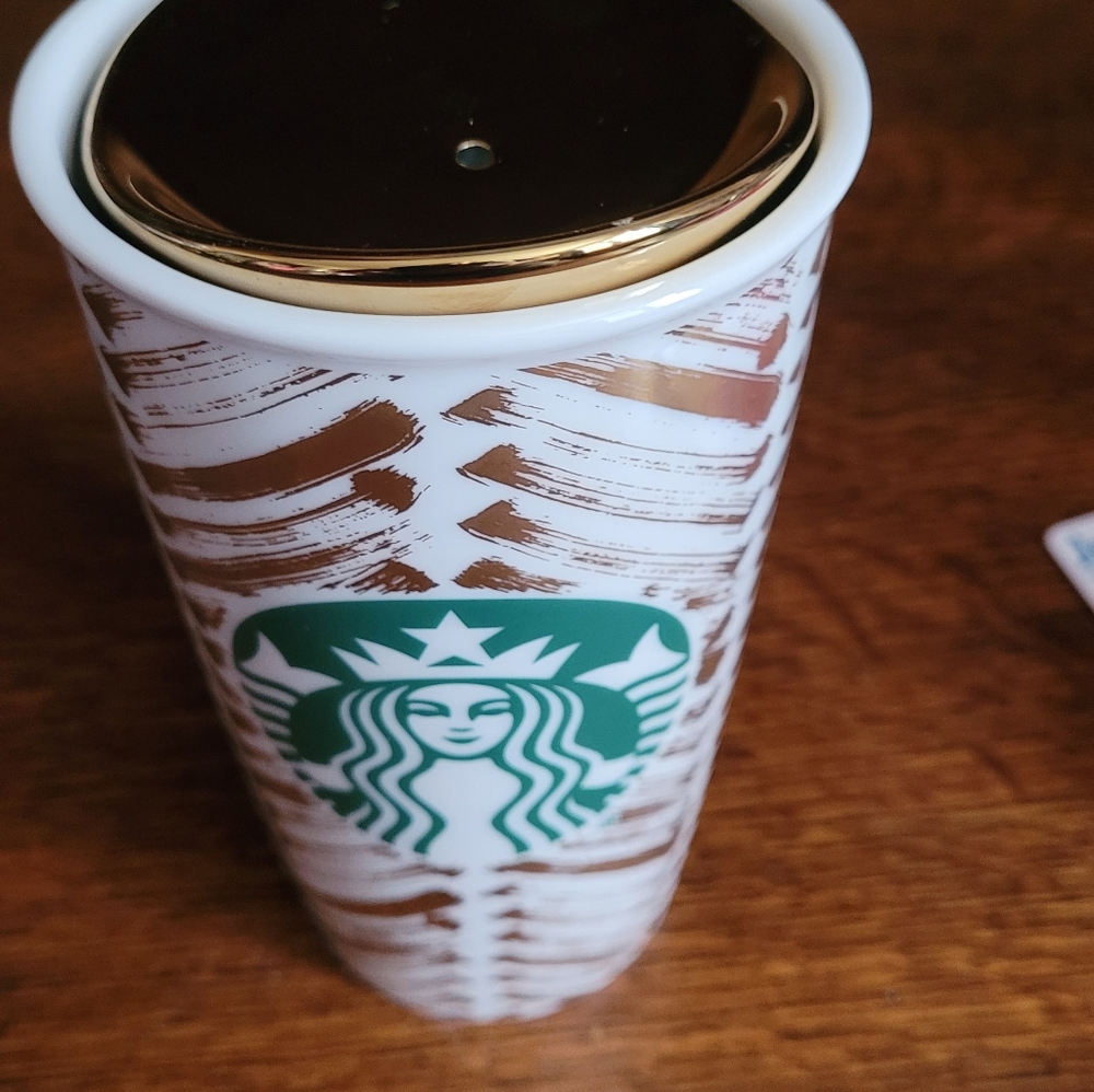 New Starbucks White and Metallic Gold Ceramic 12oz Tumbler